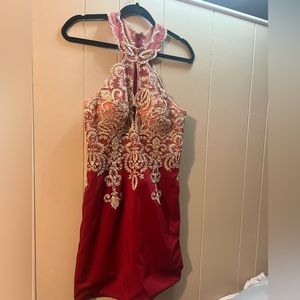 Burgundy/Gold Bead Detail Homecoming Dress